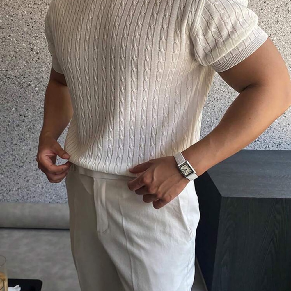 Men's Knitted Sweater With Twist Pattern Round Neck, Solid Color - Picture 2 of 4